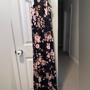 French Grey Floral Maxi Dress - Black and Pink